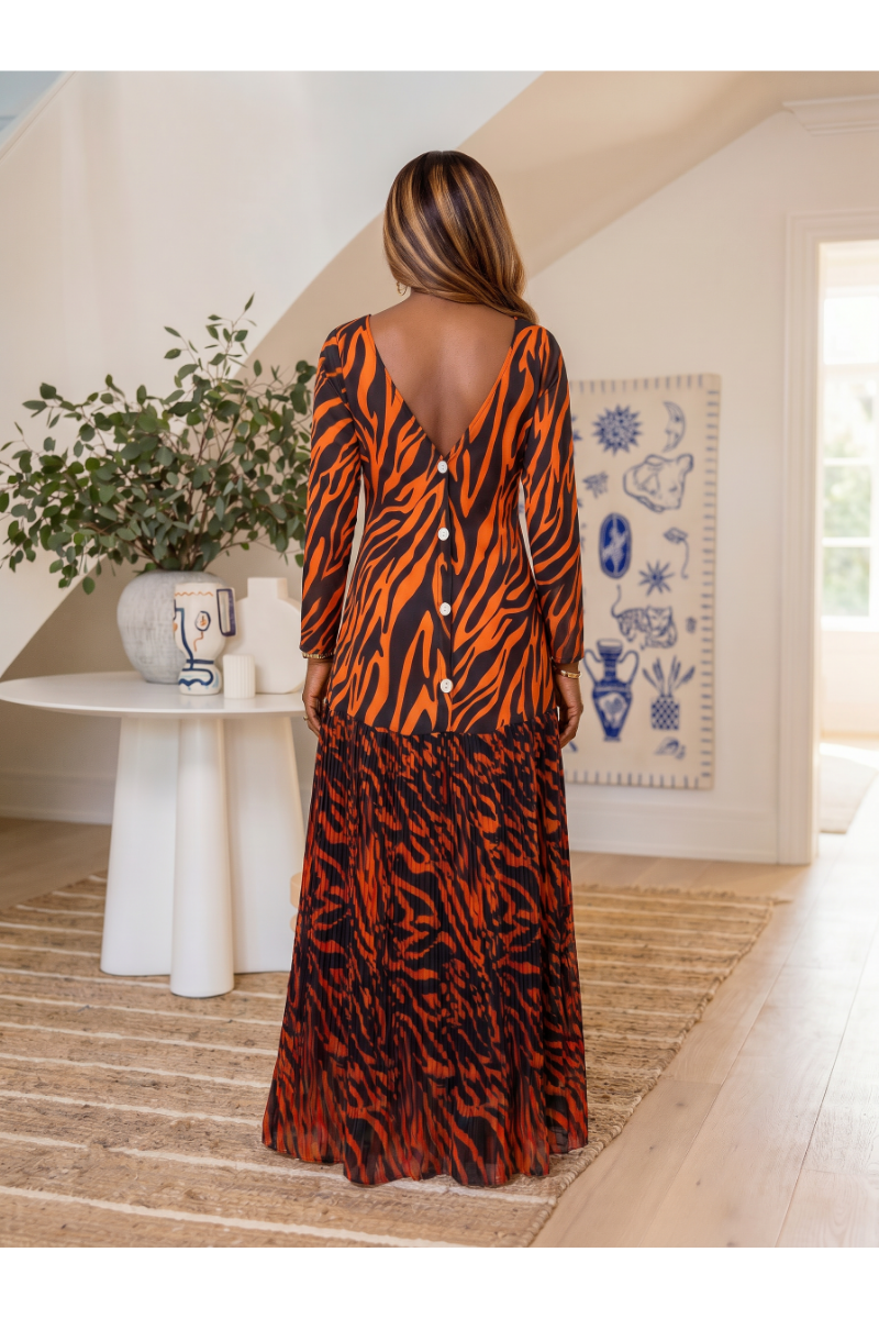 Orange and black Pleated Gown